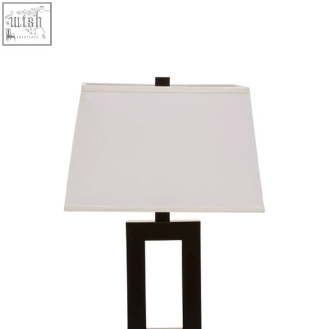 Leora black and white table lamp with black metal rectangular base and white fabric shade for modern decor