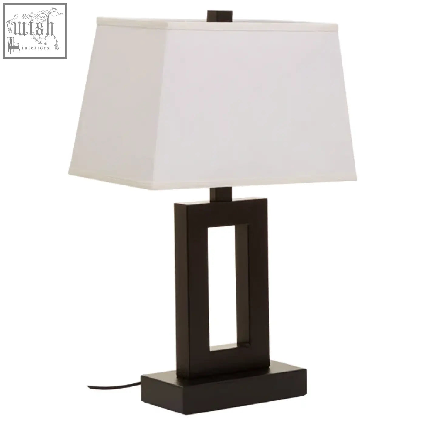 Leora black and white table lamp with a black metal rectangular base and white fabric shade for stylish lighting