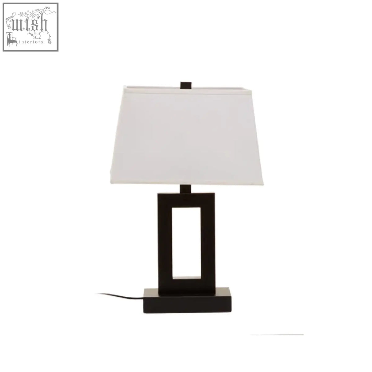 Leora black and white table lamp with black metal rectangular base and white fabric shade for desk or bedside use