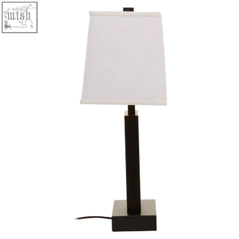 Leora black and white table lamp with black metal rectangular base and white fabric shade for stylish lighting