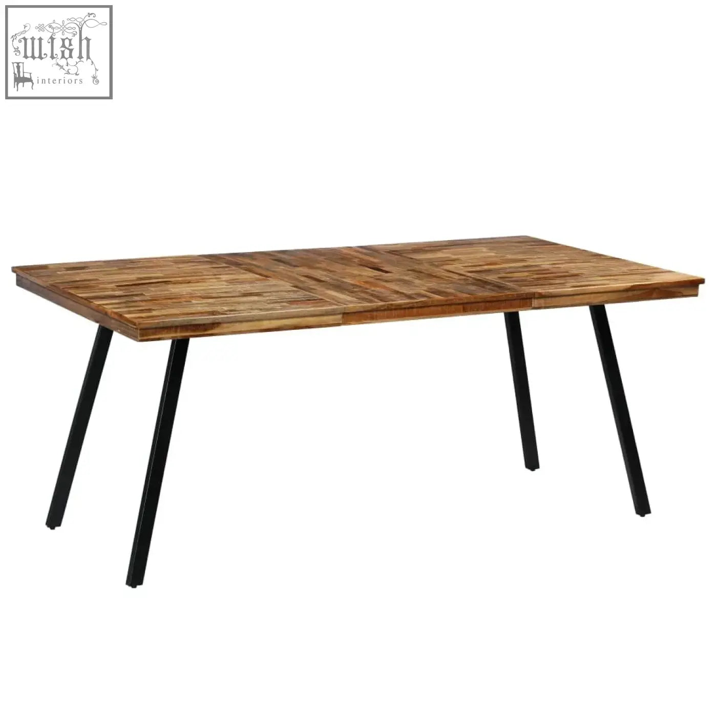 Rectangular dining table with levant reclaimed wood 180cm top in herringbone pattern and black metal legs