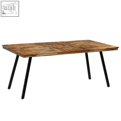 Rectangular dining table with levant reclaimed wood 180cm top in herringbone pattern and black metal legs