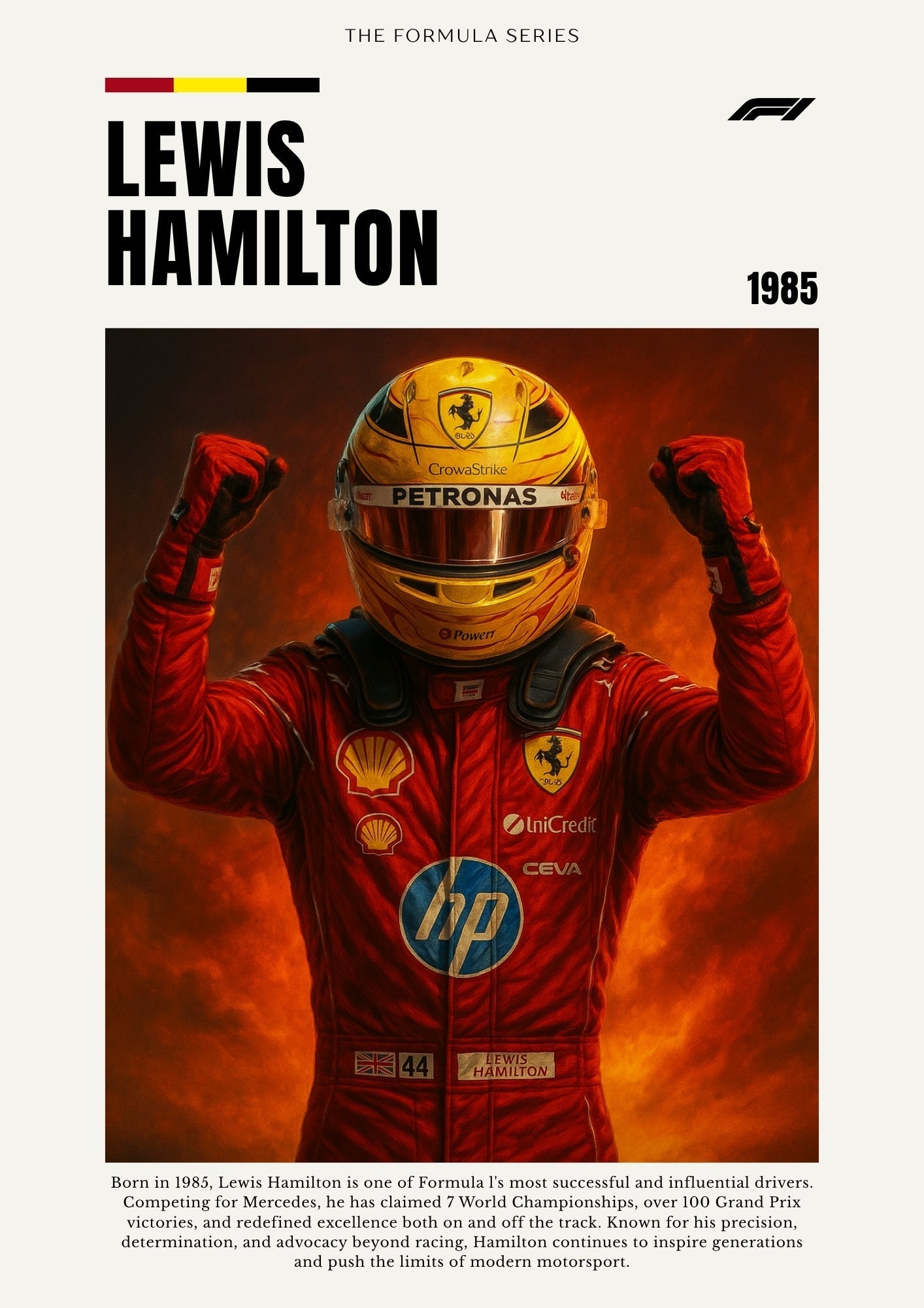 Yellow ferrari formula 1 racing helmet with petronas logos featured on a lewis hamilton poster print