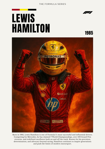 Yellow ferrari formula 1 racing helmet with petronas logos featured on a lewis hamilton poster print