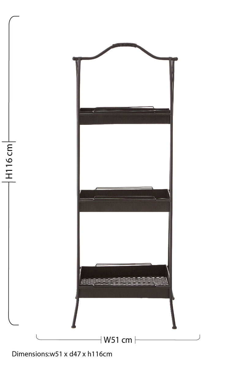 Lexa black metal storage rack three tier metal storage rack with arched top and wire mesh bottom tier in black metal