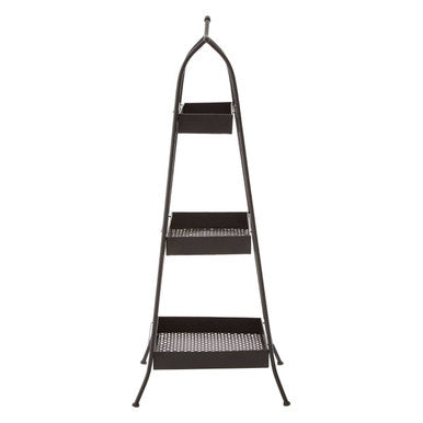 Lexa black metal storage rack with three tiered rectangular shelves and perforated bottom shelf metal storage rack