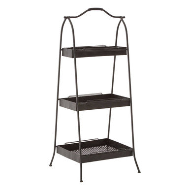Lexa black metal storage rack with three tiers, mesh shelves, and curved top handle, perfect for metal storage needs