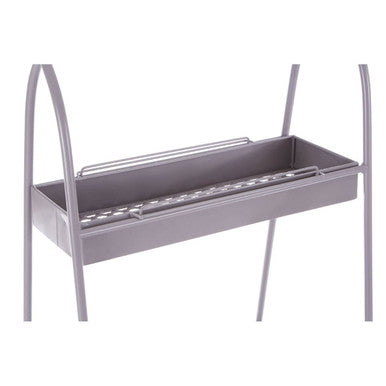 Lexa grey metal storage rack with rectangular hanging planter tray and curved support arms for metal storage use