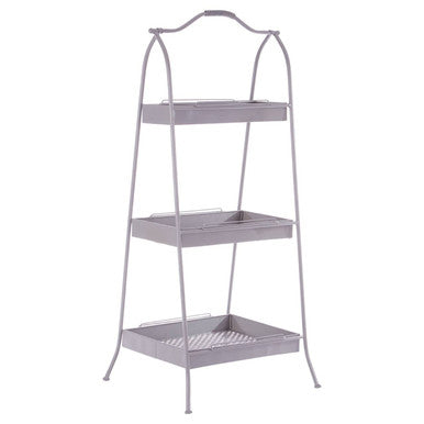 Lexa grey metal storage rack with three tiers and arched handle featuring a perforated bottom shelf for metal storage