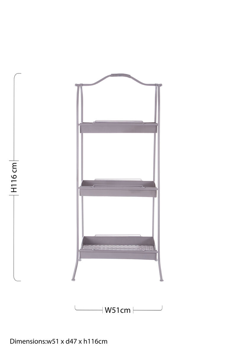 Grey metal storage rack lexa with three tiers, curved top handle, and wireframe legs for versatile metal storage