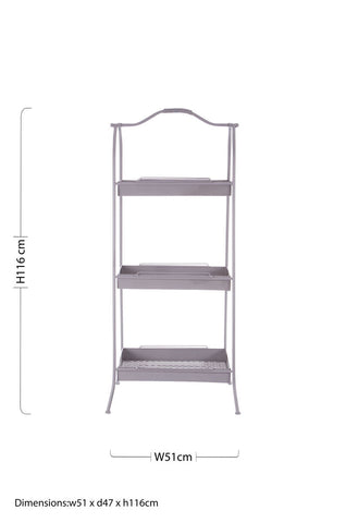 Grey metal storage rack lexa with three tiers, curved top handle, and wireframe legs for versatile metal storage