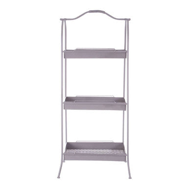 Lexa grey metal storage rack with three-tier silver metal tray and wireframe legs for versatile metal storage