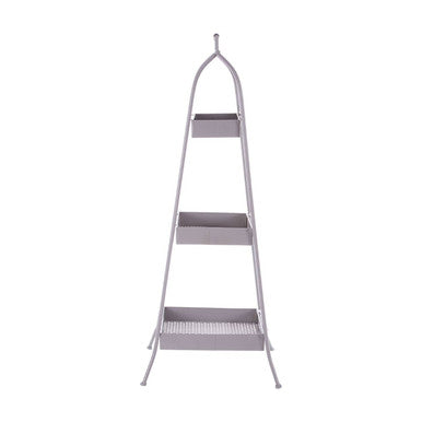 Lexa grey metal storage rack with three-tiered silver metal shelf and decorative arched top for versatile metal storage