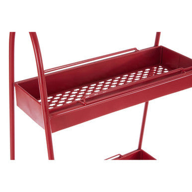 Lexa red metal storage rack with perforated tray and curved support legs for versatile metal storage
