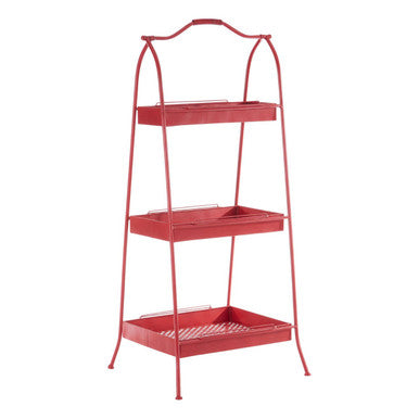 Lexa red metal storage rack is a three-tiered metal storage rack with arched handle and perforated bottom shelf