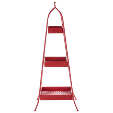 Lexa red metal storage rack featuring a red metal tiered plant stand with perforated bottom shelf for metal storage