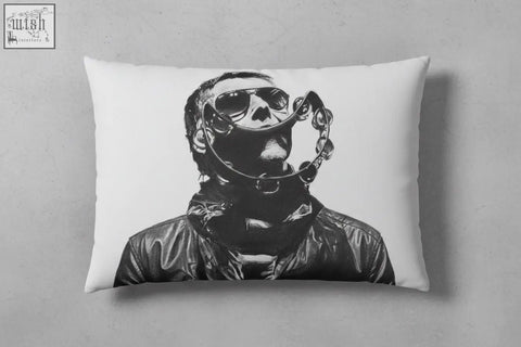 White liam cushion pillow featuring a black and white graphic of a man with sunglasses and skull mouthpiece
