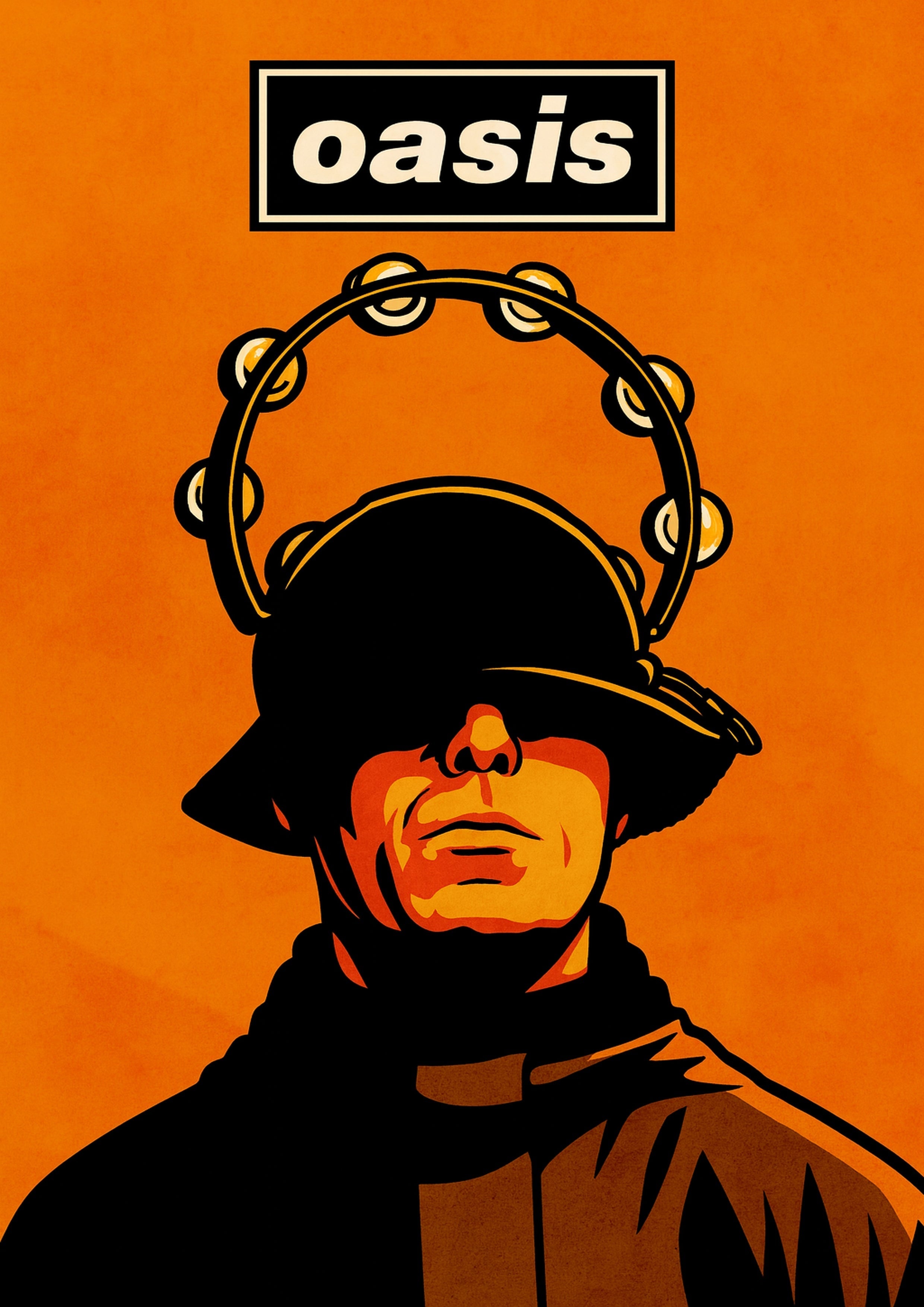 Liam gallagher tambourine poster featuring a stylized man in black hat and coat with a tambourine on orange background