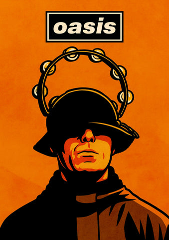Liam gallagher tambourine poster featuring a stylized man in black hat and coat with a tambourine on orange background