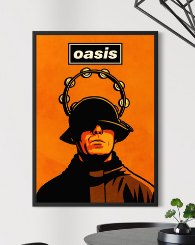 Orange-framed liam gallagher tambourine poster with a stylized black and orange illustration of a man with a hat and tambourine