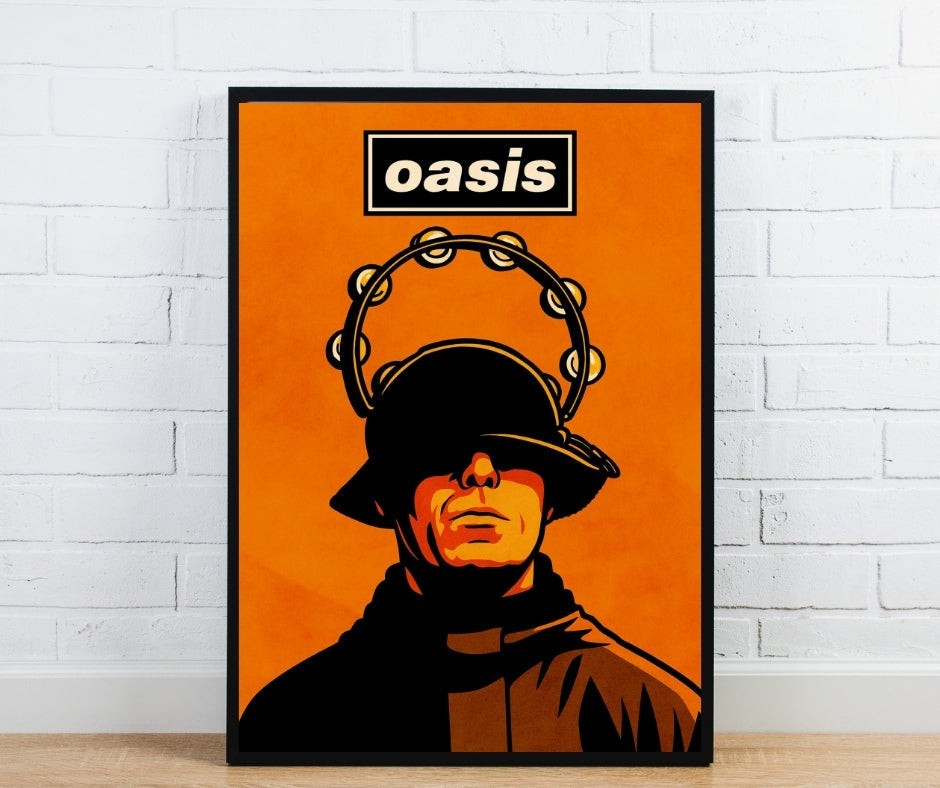 Orange framed liam gallagher tambourine poster featuring stylized man in black hat with tambourine above head and oasis text