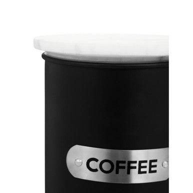 Liberty black enamel coffee canister with white marble lid featuring a black enamel coffee design and silver label