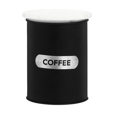 Black enamel coffee canister with white marble lid and silver label perfect for stylish coffee storage