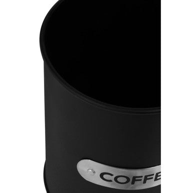Liberty black enamel coffee canister with white marble lid and silver metallic label reading coffee on black enamel surface