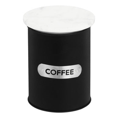 Liberty black enamel coffee canister with white marble lid featuring a black enamel coffee design and silver label