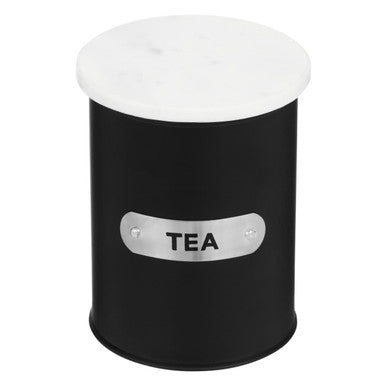 Liberty black enamel tea canister with a black enamel body white marble top and silver tea label