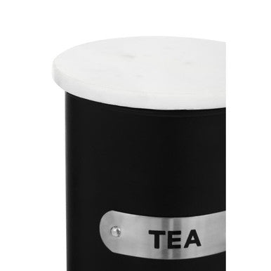 Liberty black enamel tea canister with black enamel body white marble lid and silver metal tea label