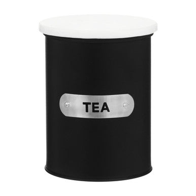 Liberty black enamel tea canister with black enamel body white lid and silver metal label reading tea