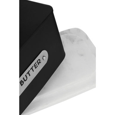 Black butter dish with silver metal label and lidded design called liberty butter dish for kitchen use