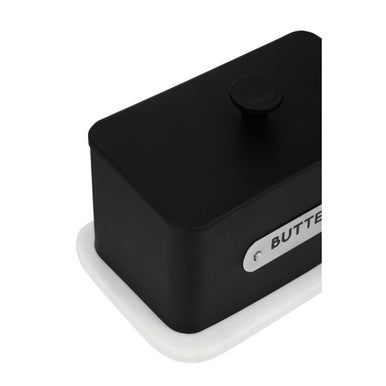 Black rectangular liberty butter dish with matte finish and lidded design featuring small round knob on top