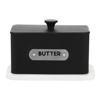 Black rectangular liberty butter dish with silver metal label and matching black lid lidded design for kitchen use