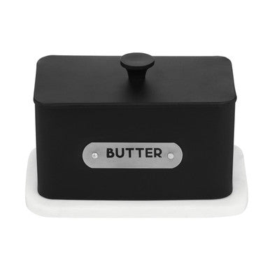 Black rectangular liberty butter dish with lidded design and silver butter label with matching black knob on top