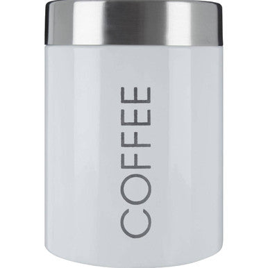 Liberty white enamel tea coffee canister with silver satin stainless steel lid and vertical coffee lettering