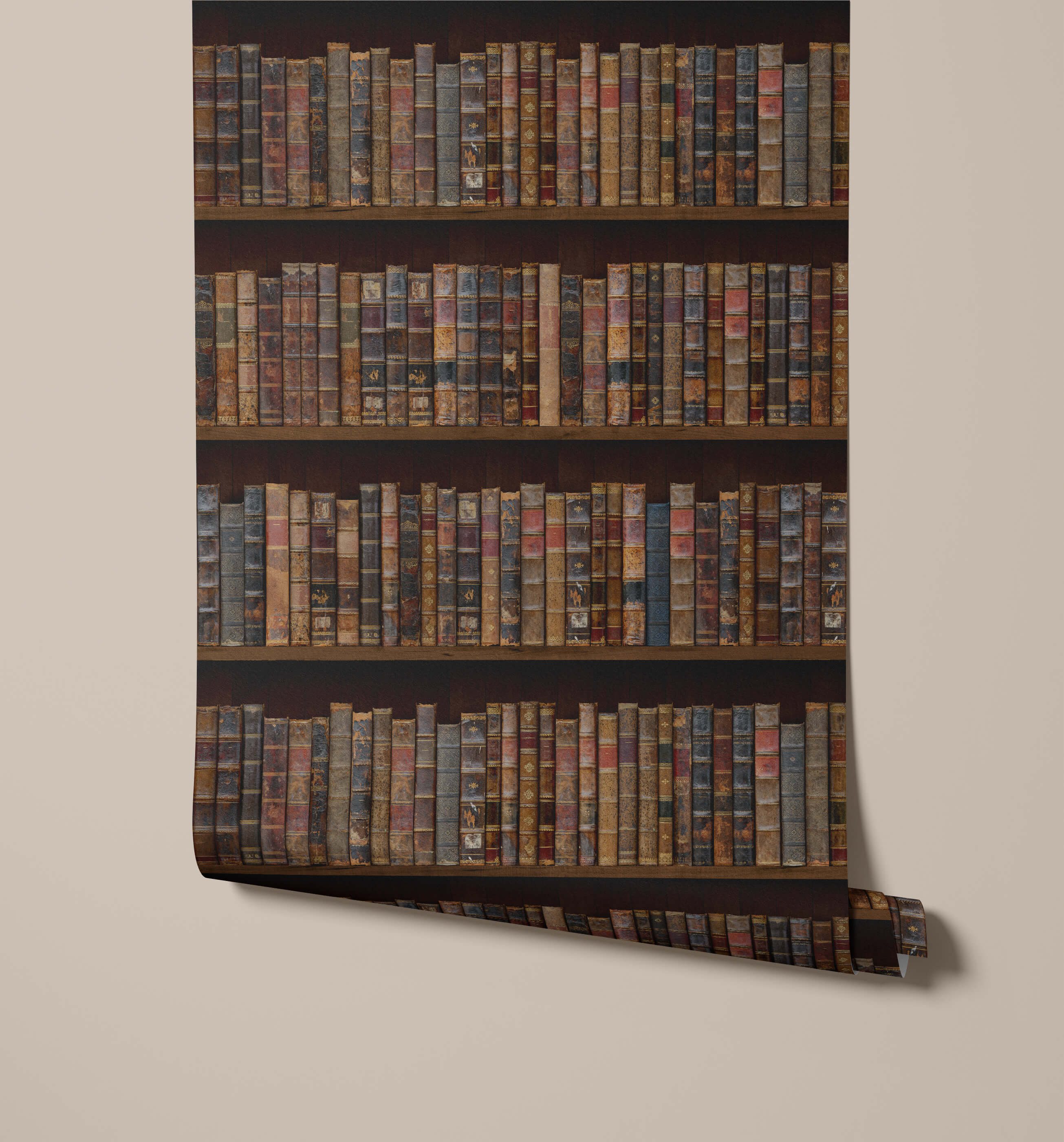 Vintage-style bookshelf wallpaper libre featuring rows of aged spines in muted browns and faded blues