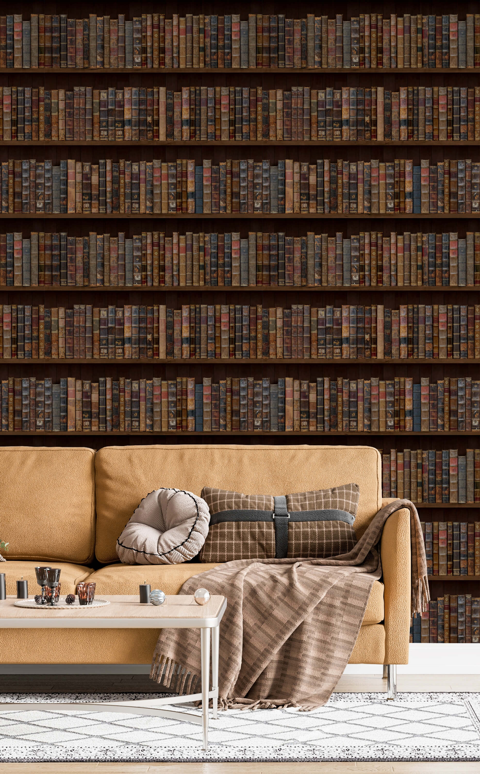 Libre mustard-yellow sofa with plush cushions and a cozy plaid throw blanket on the armrests