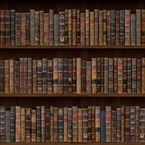 Rows of vintage leather-bound books with worn spines and faded gold embossing on dark wooden shelves in libre