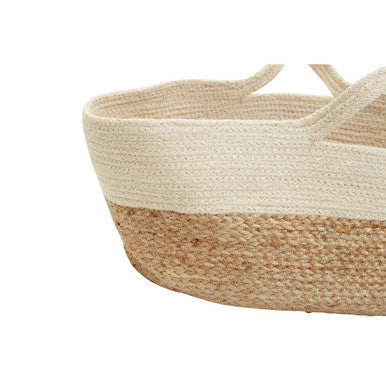 Beige and natural woven macramé baby basket with braided handles made of jute called lidi oval jute basket