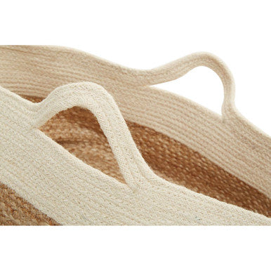 Beige lidi oval jute basket with natural fiber handles and a textured interior for stylish storage