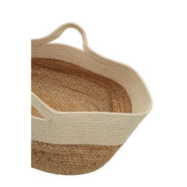 Woven two-tone lidi oval jute basket with natural jute body and cream rope handles for stylish storage