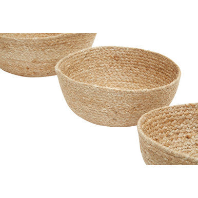 Set of three natural jute baskets with a rustic textured finish perfect for storage or decor