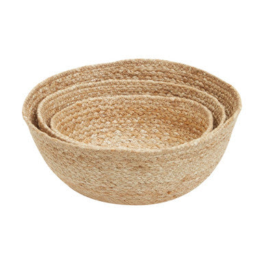 Set of three natural jute baskets in neutral colors made of woven jute for stylish storage and organization