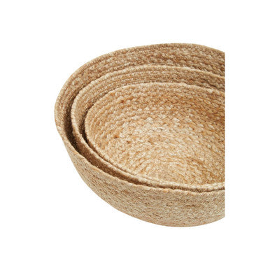 Set of three natural jute baskets in neutral colors made from woven jute for versatile home storage