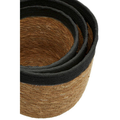Coir basket with black fabric rim part of lidi set of three natural and black baskets for stylish storage