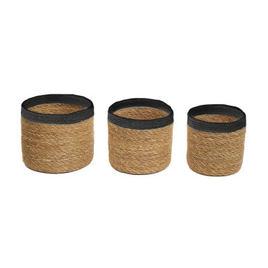 Set of three natural fiber planters with black rimmed edges perfect for stylish plant display