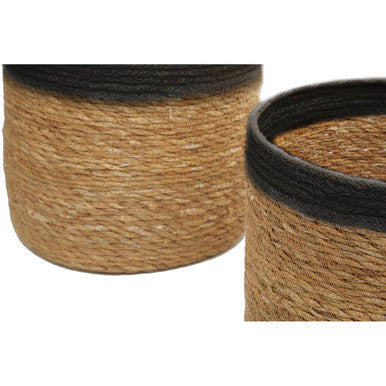 Natural fiber woven basket with a black rim from lidi set of three natural and black baskets perfect for storage