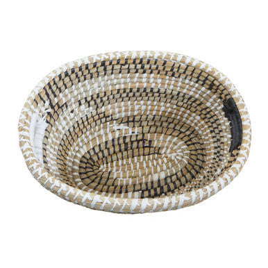 Handwoven three oval straw baskets with natural beige and dark brown textured pattern for stylish storage